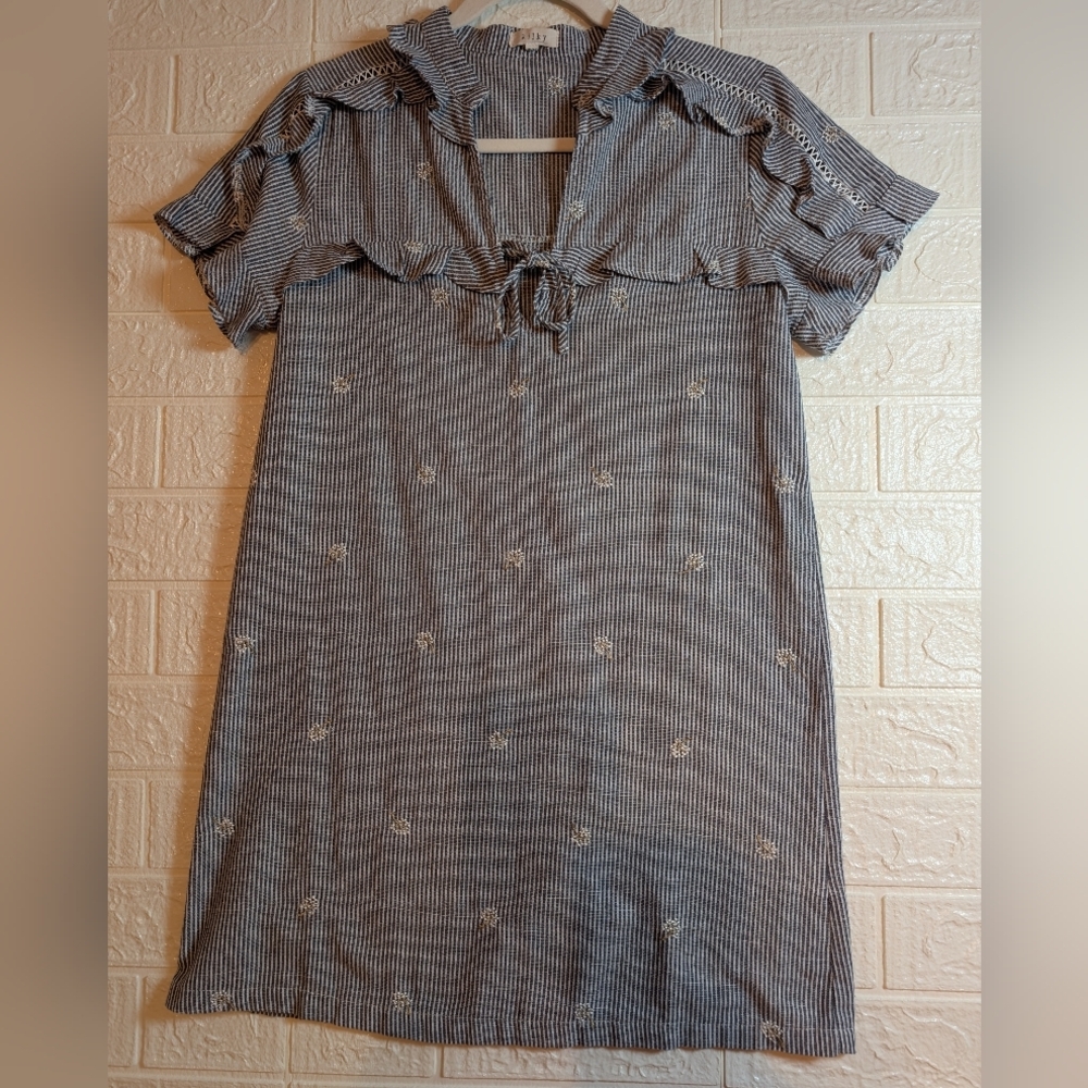 Striped Mini Dress with Ruffle Collar - Blue